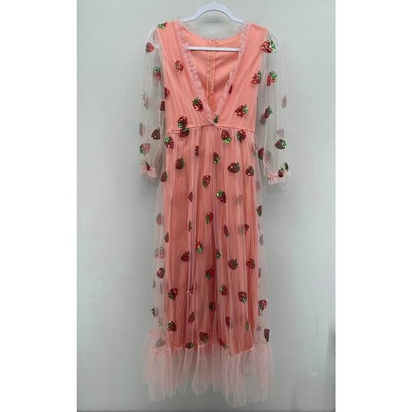 Strawberry‎ Pink Red Sequin Mesh Coquette Ruffle 3/4 Sleeve Midi Dress - Picture 1 of 5